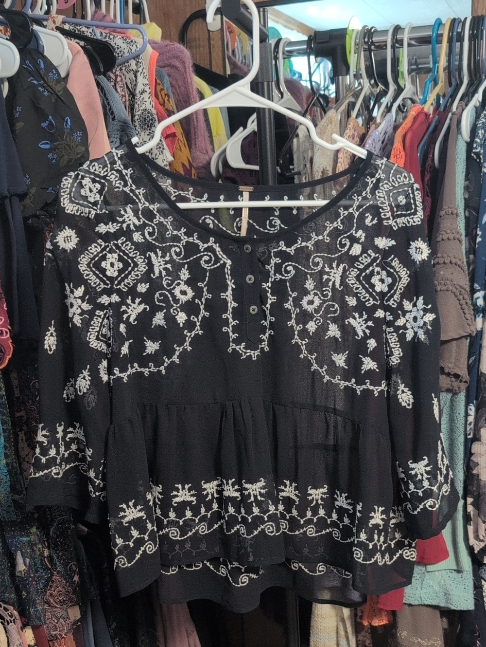 Free People Pennies Sequel Black Embroidered Sheer Blouse EUC